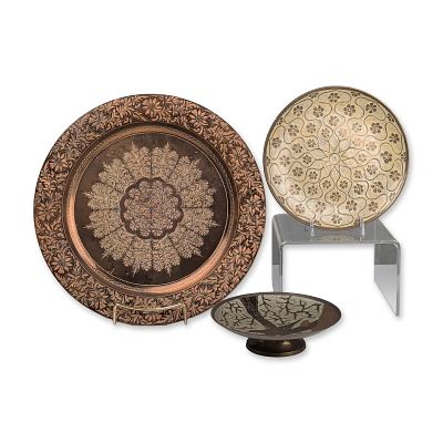 Three India Decorative Metalware including Pedestal Bowl and Wall Plaques. Decorative metalware 