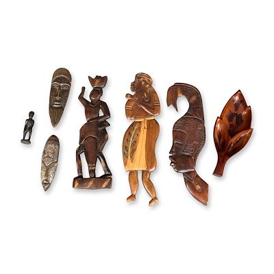 7pc Hand-Carved Wood Decorations. A collection of seven hand-carved Jamaican folk art pieces 