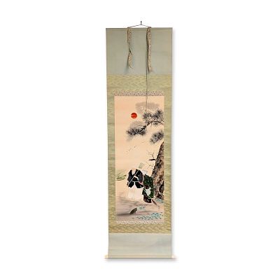 Japanese Hanging Scroll, Ink & Pigments on Paper Takasago, Signed w/ Seal. A hanging scroll in 