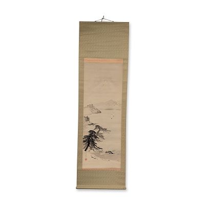 Japanese Hanging Scroll, Ink and Wash on Paper, Landscape with Mount Fuji, Signed w/Seal. Japanes 