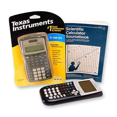 Retro Texas Instruments 3pc Grouping, TI-30X IIS and TI-84 Plus Calculators with Sourcebook, c. 2007