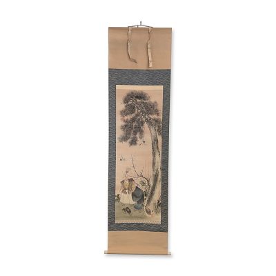 Japanese Hanging Scroll Ink and Pigments on Silk, Takasago Theme w/ Seal. Japanese hanging 