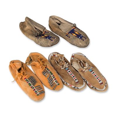 Trio of Native American Beaded Hide Moccasins. Native American, late 19th to early 20th century. 
