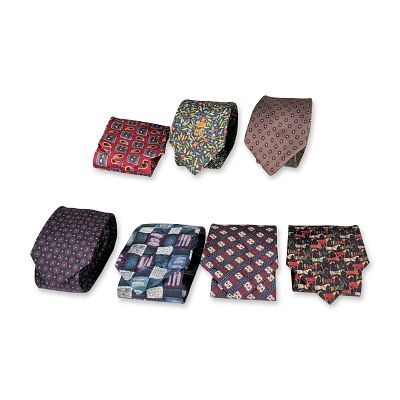7pc Assortment of Men's Designer Ties. An assortment of seven men's neckties featuring varied 