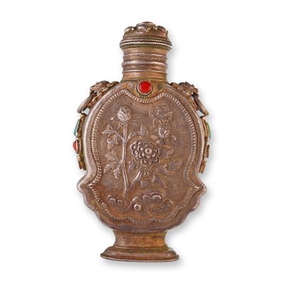 Mongolian Silver Repousse Snuff Bottle, Flowers, Lion Head Handles. A Mongolian silver repousse 