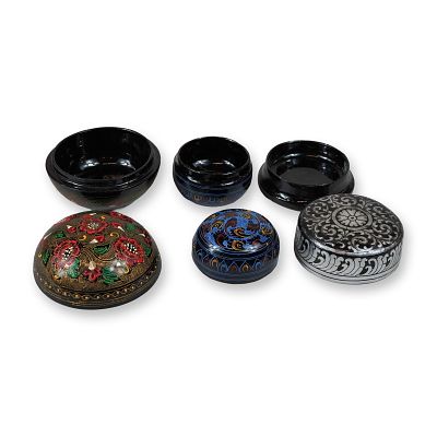 A Trio of Burmese Hand Decorated Lacquerware Boxes. This collection consists of three lidded 