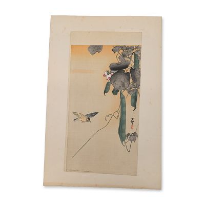 Ohara Koson (Japanese, 1877-1945) Bird at Flowering Bean Plant Woodblock Print. A sparrow glides 