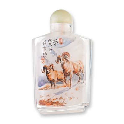 Inside Painted Glass Snuff Bottle, Rams and Calligraphy. This rectangular glass snuff bottle is 