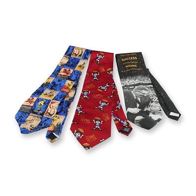 3pc Men's Sport Themed Neckties. This group includes a blue and tan tie printed with 