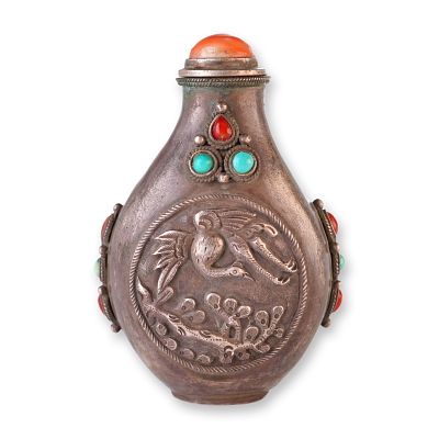 Mongolian Silver Repousse Snuff Bottle, Crane and Branch. This Mongolian silver repousse snuff 