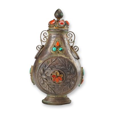 Mongolian Silver Repousse Snuff Bottle, Flowers and Leaves. Adorned with coral and turquoise 
