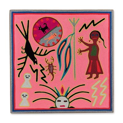 Antonio Lopez Pinedo Huichol Mexican Yarn Painting. The work is constructed with multicolored 