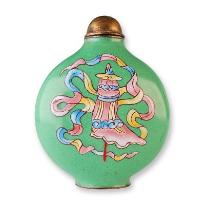 Canton Enamel Snuff Bottle, Parasol and Ribbons, Green Ground. A round Canton enamel snuff 