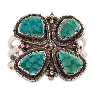 Navajo Style Sterling Silver Turquoise Cluster Cuff Bracelet. A Southwestern style cuff bracelet 