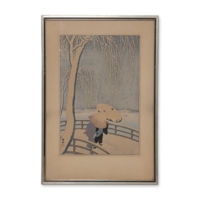 After Ohara Koson (Japanese, 1877-1945) Offset lithograph, Snow on Willow Bridge. After Ohara 