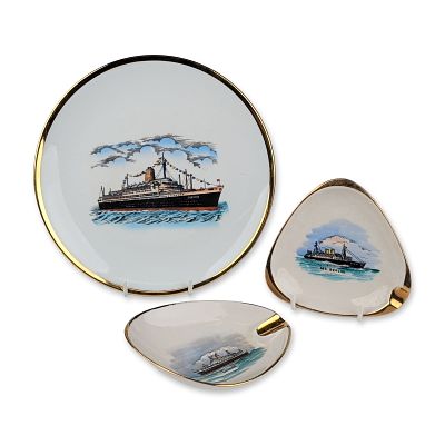 3pc RW Bavaria Porcelain Maritime Souvenir Plate and Ashtrays. A Bavarian porcelain maritime 