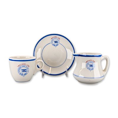 3pc Sterling China Vaccaro Line Steamship Cup, Saucer and Creamer. A three-piece vitrified china 