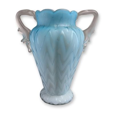 Victorian Blue Herringbone Mother of Pearl Satin Glass Vase with Handles. Victorian mother of 