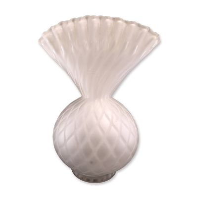 Victorian Frosted Opalescent Milk Glass Quilted White Diamond Satin Glass Ruffled Vase. Victorian 