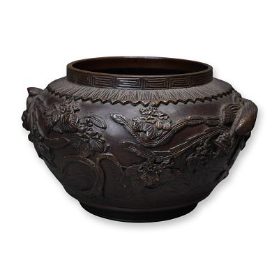 Japanese Bronze Jardinere with High Relief Phoenix and Floral Designs. A bronze planter 