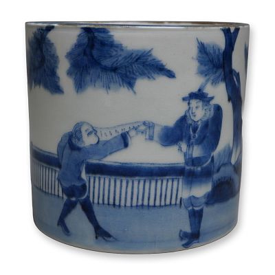 Japanese Blue & White Porcelain Brush Holder, Nanban in Garden Scene. This cylindrical 