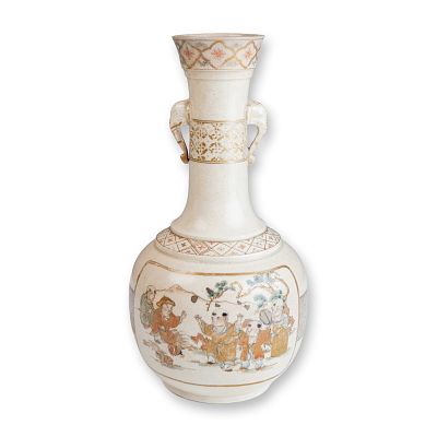 Japanese Satsuma Porcelain Bottle Vase with Elephant Head Handles, Boys & Ducks Design. Japanese 