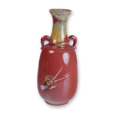 Japanese Red Glazed Studio Porcelain Vase with High Relief Crawfish, Stamped Markers Mark. A 
