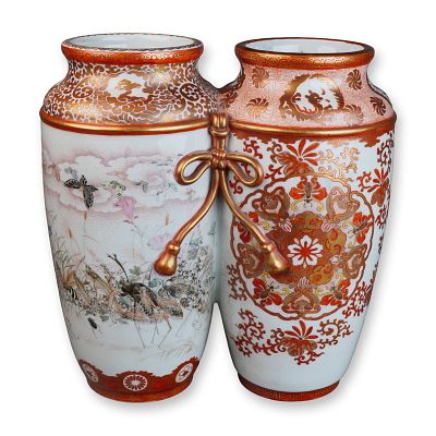 Japanese Kutani Porcelain Conjoined Double Vase with High Relief Cord, Insects and Designs, Signed. 