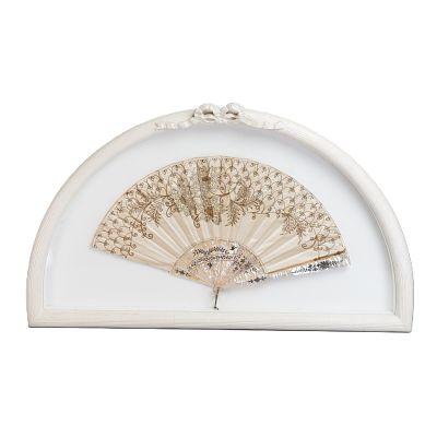 Antique Folding Hand Fan in Shadowbox. Mother-of-pearl frame - sticks and guard are made of 