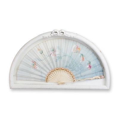 Antique Hand-painted Folding Hand Fan in Shadowbox. Features a pale blue pleated leaf with 