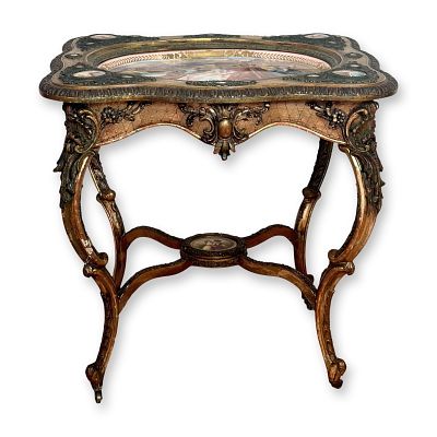 French 19th Century Louis XV-Style Giltwood Table with Mounted Vienna Porcelain Plaques. A 
