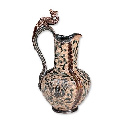 Doulton Lambeth by Mark V. Marshall Stoneware Peacock Handle Ewer. The vessel features a bulbous 