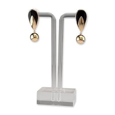 A Pair of 14K Yellow Gold and Onyx Drop Earrings. A matched pair of modernist drop earrings in 