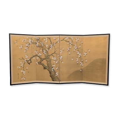Style of Omata Kanpu (Japanese 1894-1947) Four-Panel Screen Ink & Gouache on Silk. Japanese 
