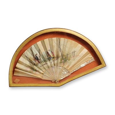 European Mother of Pearl Folding Fan with Pastoral Scene. European folding fan preserved inside 
