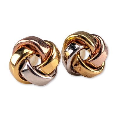Cote d'or 14K Tri-Color Gold Knot Earrings. Italian 14 karat tri-color gold love knot stud 