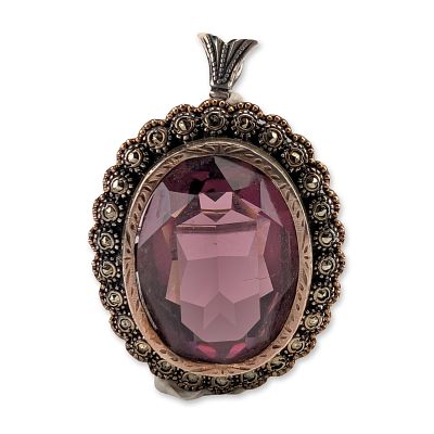 Art Deco Style 800 Silver Marcasite and Purple Glass Pendant Brooch. Vintage Art Deco style 