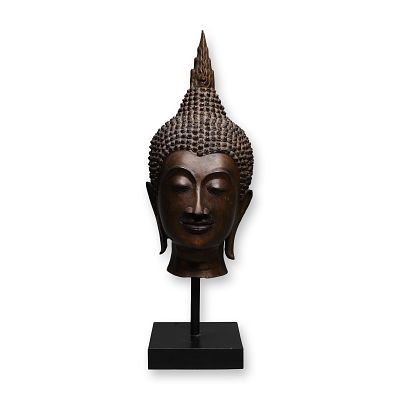Thai Bronze Buddha Head Sculpture on Display Stand. A finely cast bronze head of Buddha 