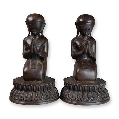 Pair of Tai Bronze Figures of Kneeling Buddhist Monks Praying, Double Lotus Bases. Each finely 