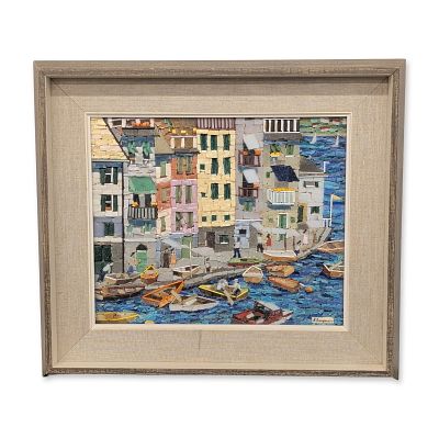 Mediterranean Coastal Harbor Mosaic Signed B. Benjamin. B. Benjamin Mediterranean coastal harbor 