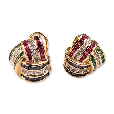 Pair of 14K Yellow Gold Multi-Gemstone Knot Earrings. Pair of 14 karat yellow gold knot-style 