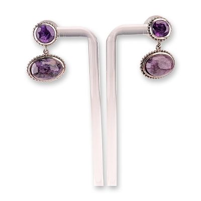 Sterling Silver Amethyst and Charoite Drop Earrings. A pair of sterling silver drop earrings 