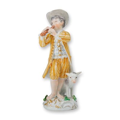 Meissen Style Porcelain Figurine Young Boy Playing a Flute with Dog at His Feet
. This Meissen 