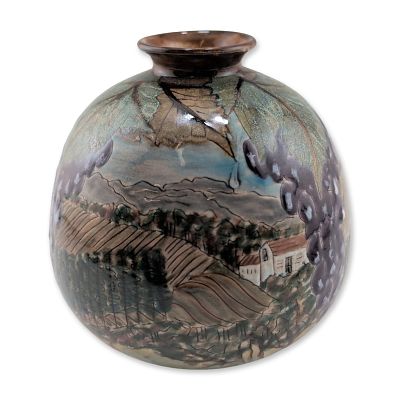 Cobridge Stoneware Wine Vineyard Motif Vase. Limited edition. Globular stoneware vase with a 