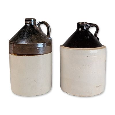 Pair of Two Tone Salt Glazed Stoneware Whiskey Jugs. A pair of antique salt-glazed stoneware 