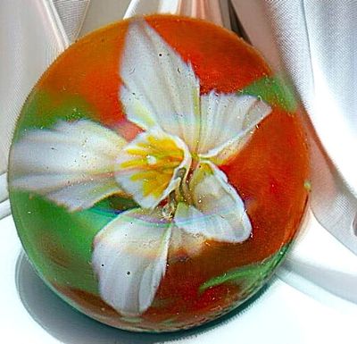 A DIVISION THREE FLORIDA FAVOR BUTTON. 1 Medium size 21st century floral paperweight by Mary 