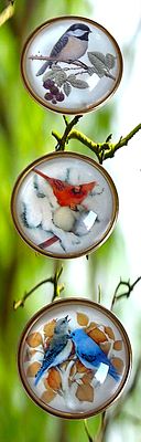 A SMALL CARD OF DIIVISION 3 PAPER UNDER GLASS BUTTONS. 3 Large 21st century domed glass birds in 