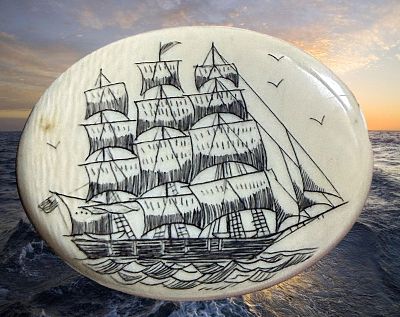 A DIVISION THREE OVAL PICTORIAL SHIP BUTTON. 1 Large mid 29th century natural material scrimshaw 
