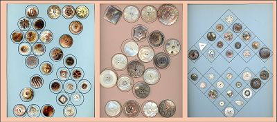 3 CARDS OF DIVISION ONE SHELL BUTTONS. 80 S/M/L mostly 19th century assorted technique pearl 