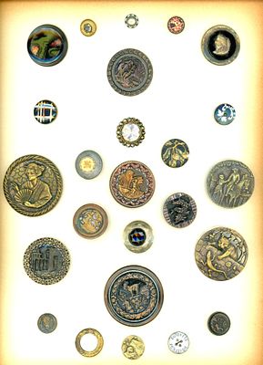 A CARD OF DIVISION ONE METAL PICTIURE BUTTONS. 25 S/M/L 19th C. mostly assorted picture examples 